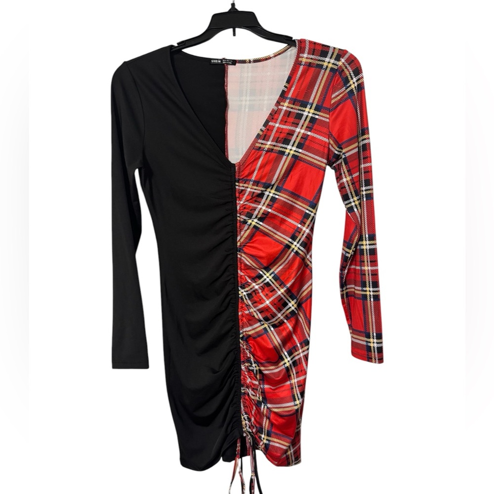 NWOT Drawstring Knot Plaid Color Block Dress